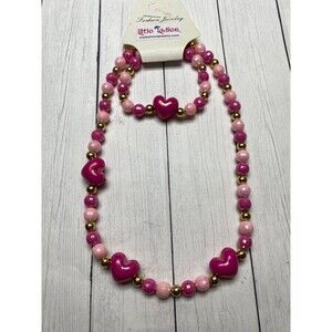 Little Ladies Pink Heart Necklace and Bracelet Set 2-Piece Fashion Jewelry
